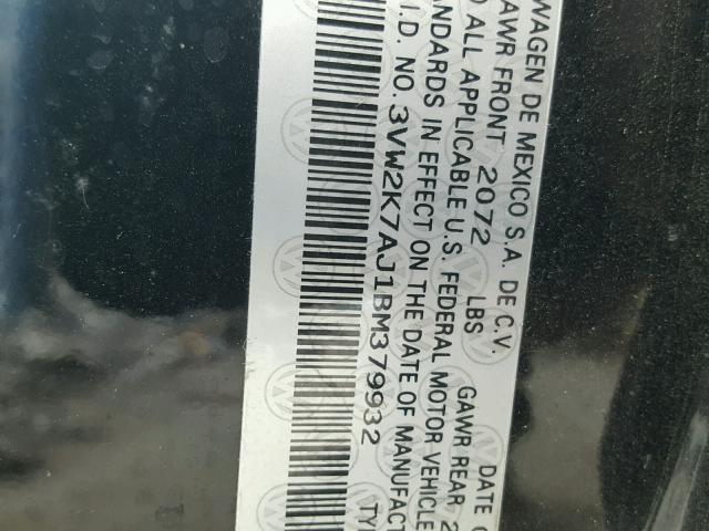 3VW2K7AJ1BM379932 - 2011 VOLKSWAGEN JETTA BASE BLACK photo 10