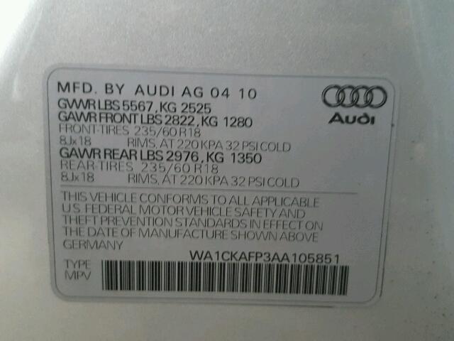 WA1CKAFP3AA105851 - 2010 AUDI Q5 PREMIUM SILVER photo 10