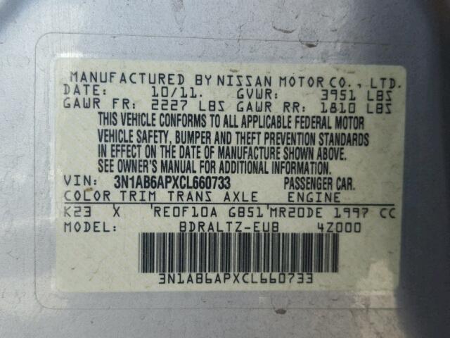 3N1AB6APXCL660733 - 2012 NISSAN SENTRA 2.0 SILVER photo 10