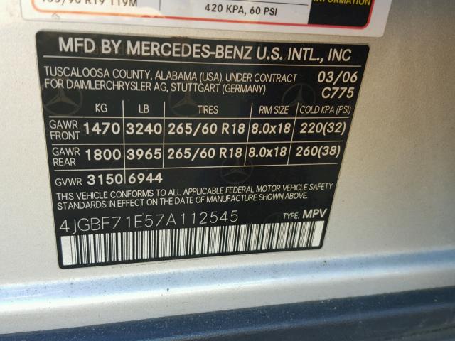 4JGBF71E57A112545 - 2007 MERCEDES-BENZ GL 450 4MA SILVER photo 10