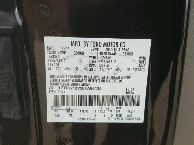 1FTPW12V58FA90136 - 2008 FORD F150 BLACK photo 10