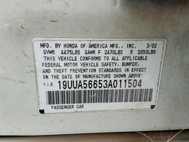 19UUA56653A011504 - 2003 ACURA 3.2TL WHITE photo 10