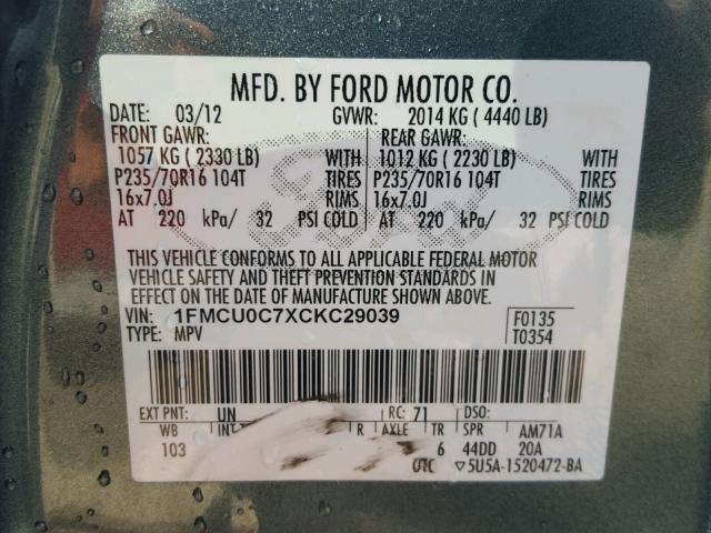 1FMCU0C7XCKC29039 - 2012 FORD ESCAPE BLUE photo 10