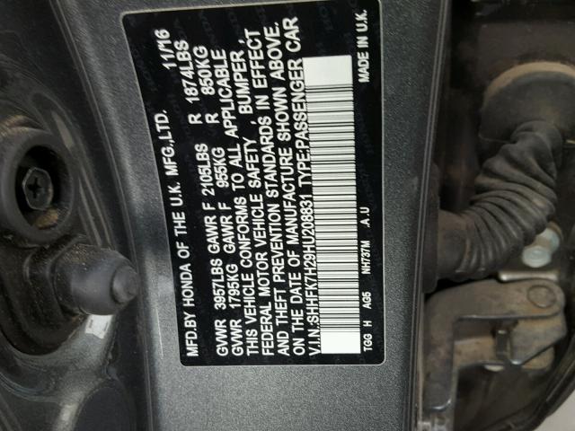 SHHFK7H29HU208831 - 2017 HONDA CIVIC LX GRAY photo 10