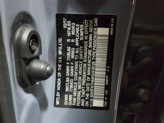 SHHFK7H44HU418125 - 2017 HONDA CIVIC SPOR GRAY photo 10