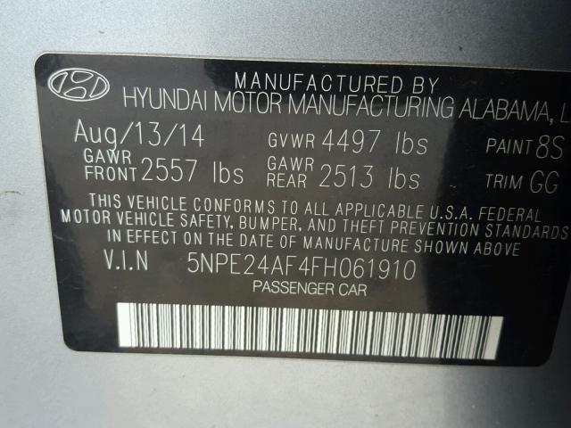 5NPE24AF4FH061910 - 2015 HYUNDAI SONATA SE GRAY photo 10