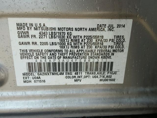 4A4AP3AU4FE002311 - 2015 MITSUBISHI OUTLANDER SILVER photo 10