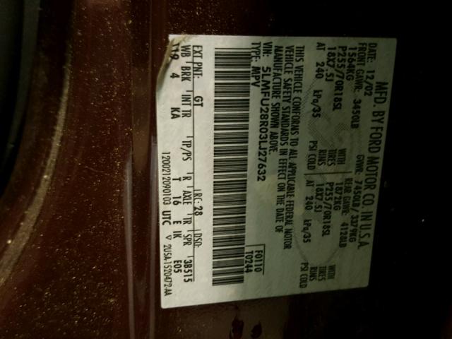 5LMFU28R03LJ27632 - 2003 LINCOLN NAVIGATOR Burgund zdjęcie 10