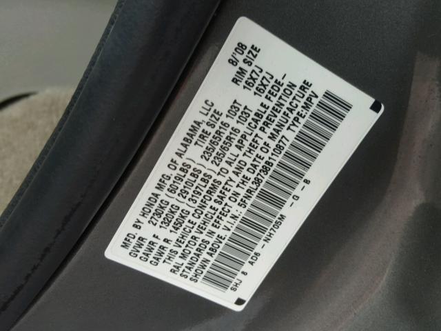 5FNRL38738B110877 - 2008 HONDA ODYSSEY EX GRAY photo 10