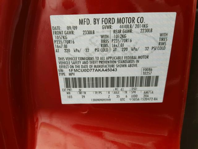 1FMCU0D77AKA45043 - 2010 FORD ESCAPE XLT RED photo 10