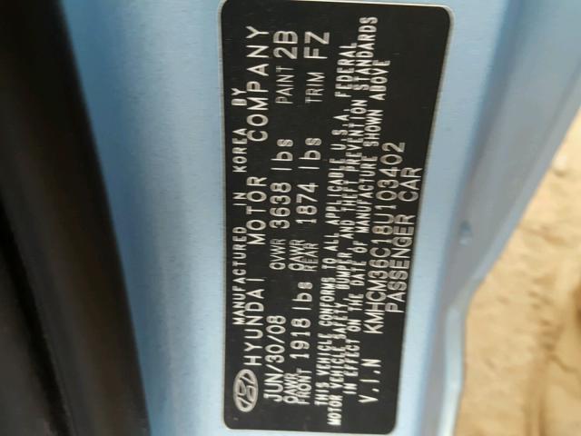 KMHCM36C18U103402 - 2008 HYUNDAI ACCENT BLUE photo 10