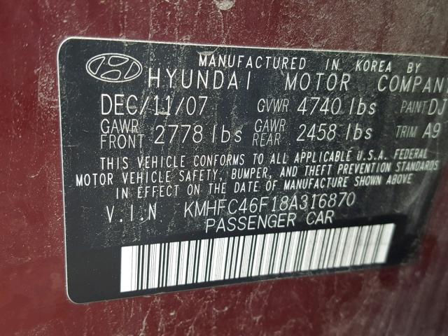 KMHFC46F18A316870 - 2008 HYUNDAI AZERA SE BURGUNDY photo 10