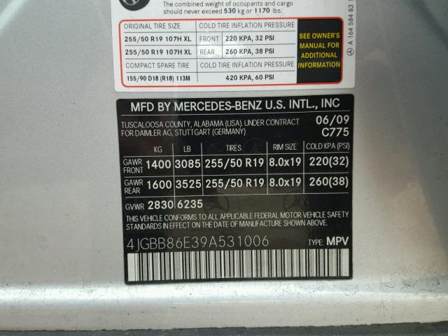 4JGBB86E39A531006 - 2009 MERCEDES-BENZ ML SILVER photo 10