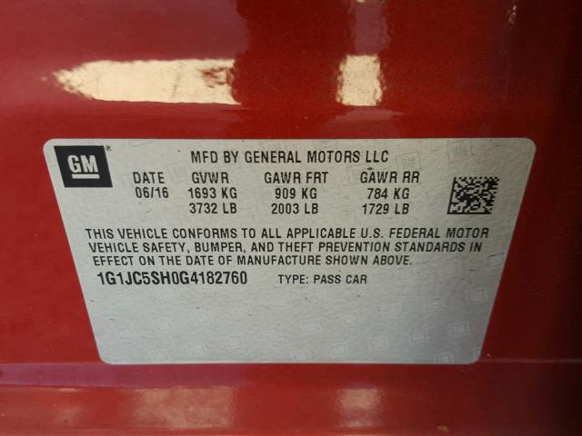 1G1JC5SH0G4182760 - 2016 CHEVROLET SONIC LT 勃艮第红 照片 10