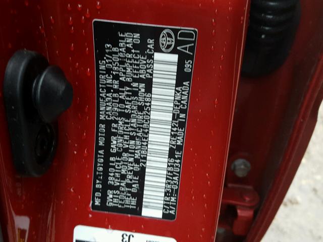 2T1BU4EE4DC025486 - 2013 TOYOTA COROLLA BA RED photo 10