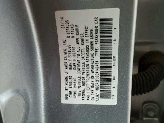 1HGCR2F30EA142464 - 2014 HONDA ACCORD LX SILVER photo 10