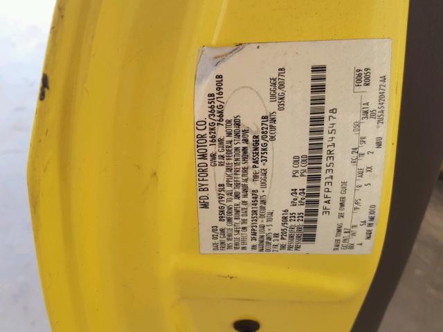 3FAFP31353R145478 - 2003 FORD FOCUS ZX3 YELLOW photo 10