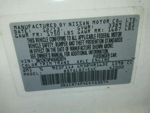 3N1CN7AP4EK453074 - 2014 NISSAN VERSA S WHITE photo 10