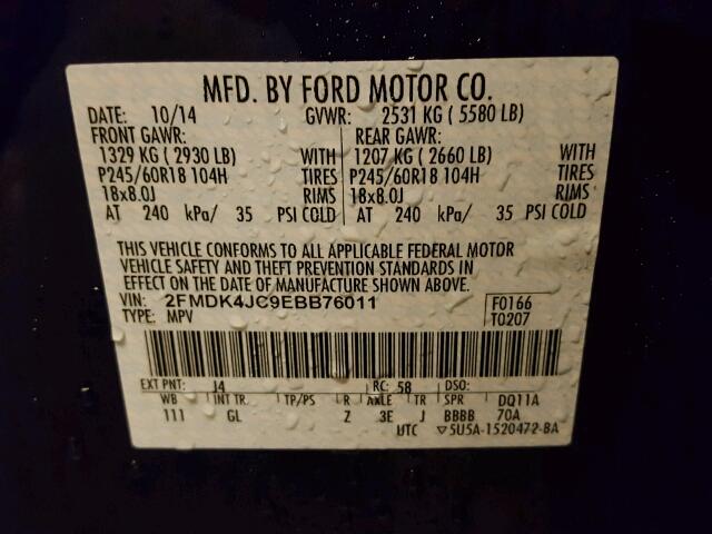 2FMDK4JC9EBB76011 - 2014 FORD EDGE Mavi fotoğraf 10