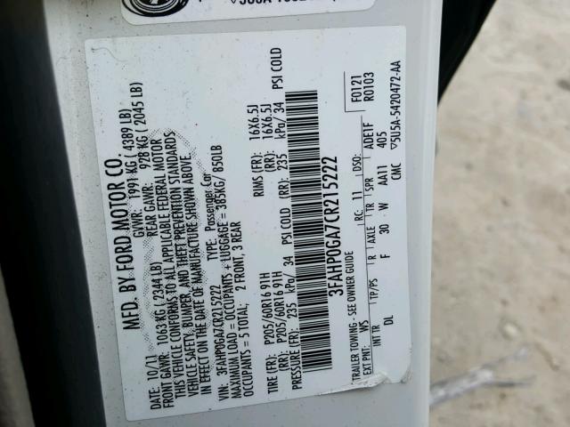 3FAHP0GA7CR215222 - 2012 FORD FUSION WHITE photo 10