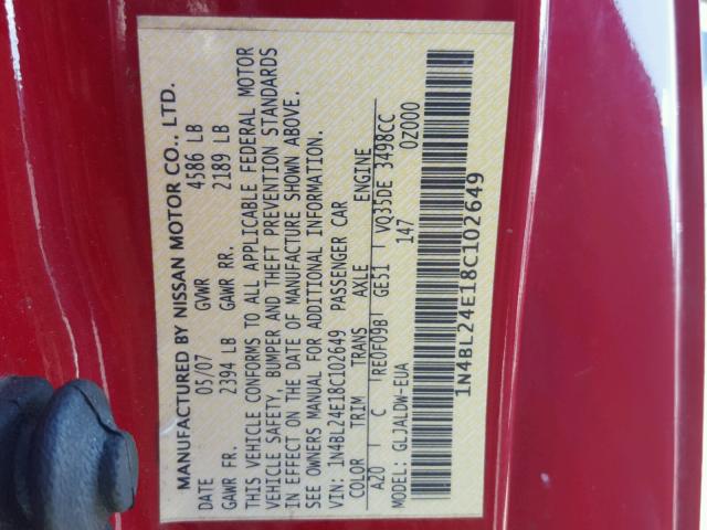 1N4BL24E18C102649 - 2008 NISSAN ALTIMA 3.5 RED photo 10