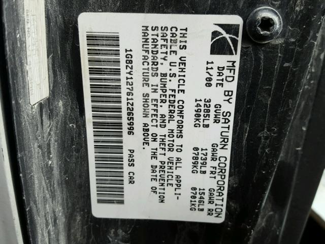 1G8ZY12761Z265996 - 2001 SATURN SC2 WHITE photo 10