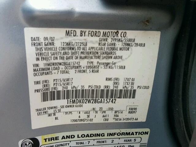 1FMDK02W28GA15742 - 2008 FORD TAURUS X S BLUE photo 10