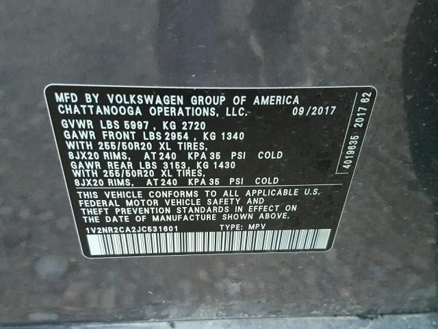 1V2NR2CA2JC531601 - 2018 VOLKSWAGEN ATLAS SEL Boz foto 10