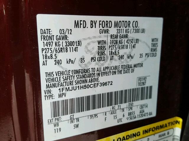 1FMJU1H50CEF39672 - 2012 FORD EXPEDITION MAROON photo 10