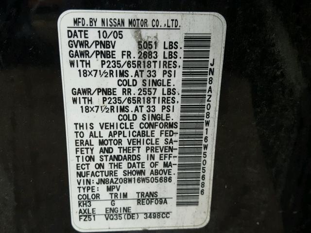 JN8AZ08W16W505686 - 2006 NISSAN MURANO SL BLACK photo 10