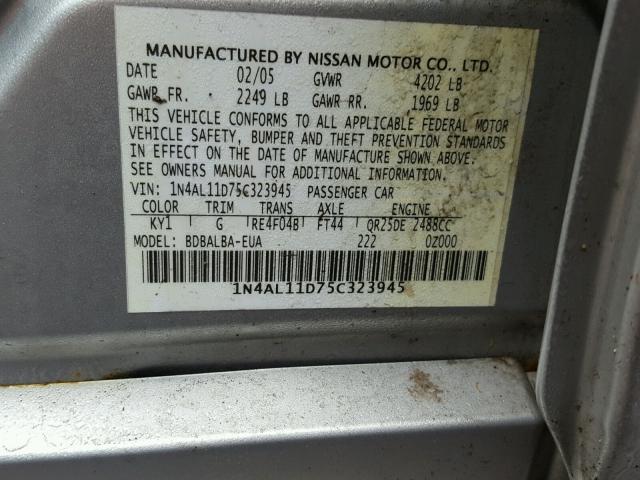 1N4AL11D75C323945 - 2005 NISSAN ALTIMA SILVER photo 10