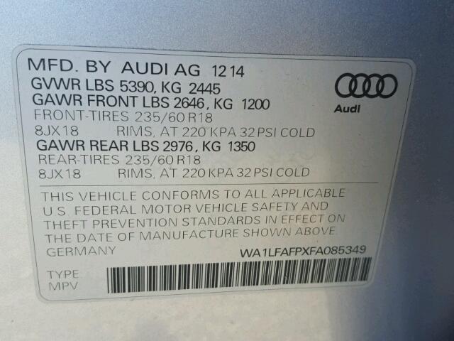 WA1LFAFPXFA085349 - 2015 AUDI Q5 PREMIUM SILVER photo 10