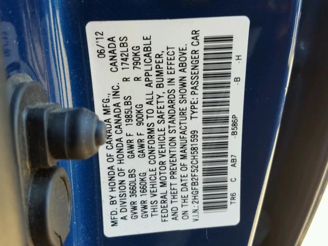 2HGFB2F52CH581599 - 2012 HONDA CIVIC LX BLUE photo 10