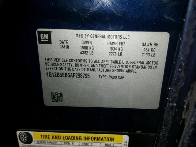 1G1ZB5EB6AF298795 - 2010 CHEVROLET MALIBU LS Mavi foto 10