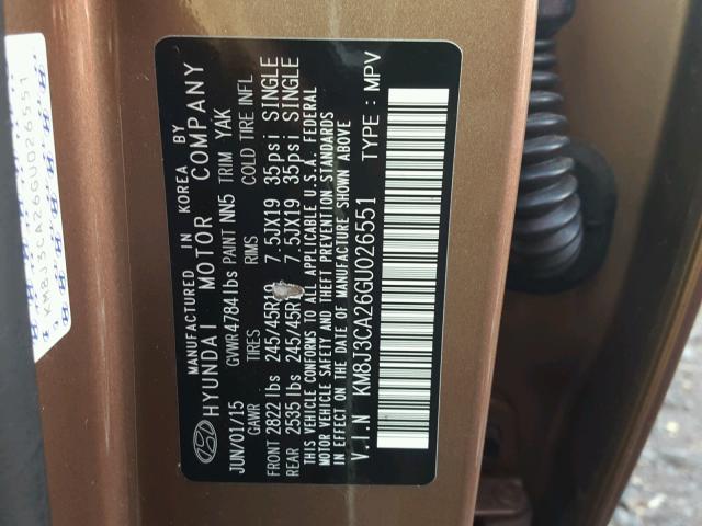 KM8J3CA26GU026551 - 2016 HYUNDAI TUCSON LIM BROWN photo 10