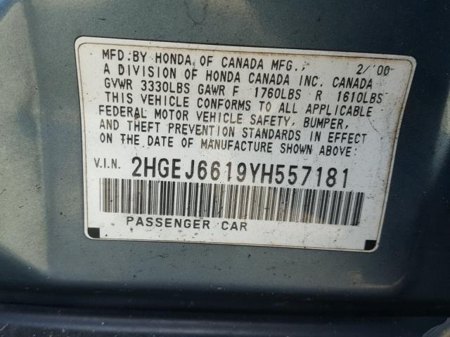 2HGEJ6619YH557181 - 2000 HONDA CIVIC BASE 青色 照片 10