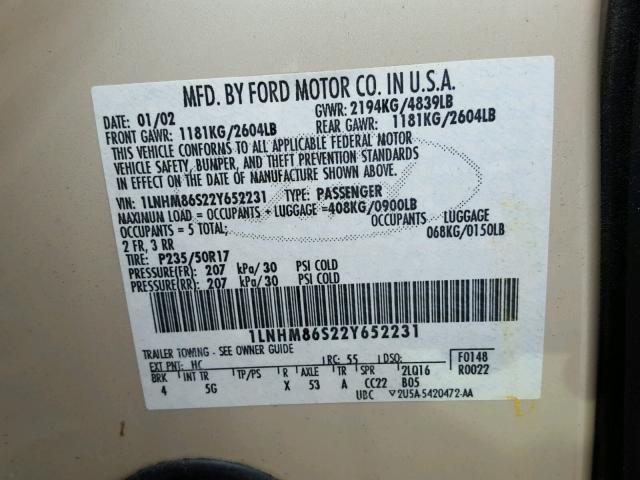 1LNHM86S22Y652231 - 2002 LINCOLN LS GOLD photo 10
