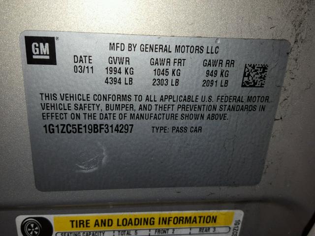 1G1ZC5E19BF314297 - 2011 CHEVROLET MALIBU 1LT ბეჟი ფოტო 10