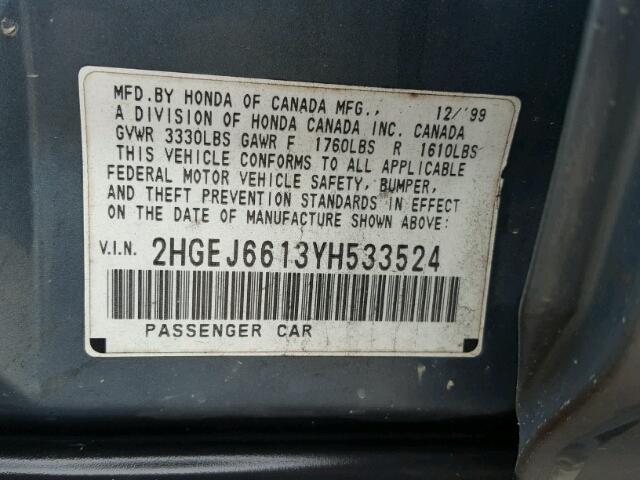 2HGEJ6613YH533524 - 2000 HONDA CIVIC BASE TEAL photo 10