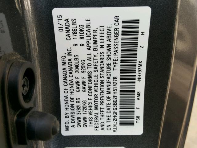 2HGFG3B02FH514278 - 2015 HONDA CIVIC EXL Boz foto 10