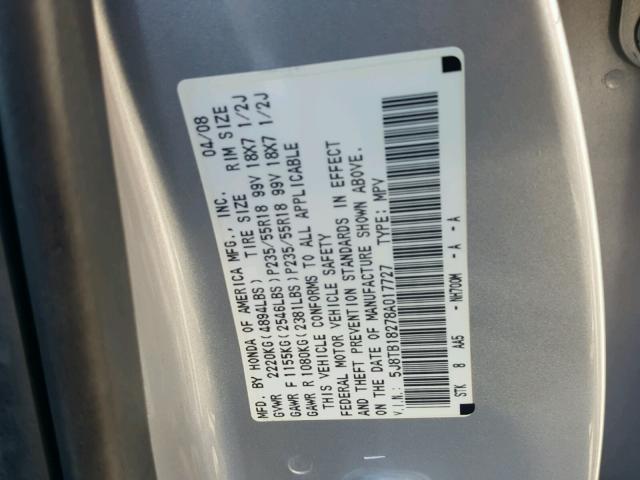 5J8TB18278A017727 - 2008 ACURA RDX SILVER photo 10