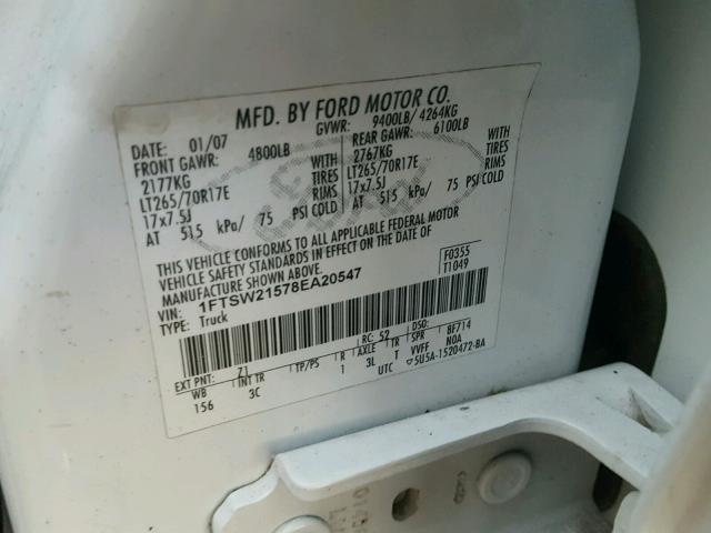 1FTSW21578EA20547 - 2008 FORD F250 SUPER WHITE photo 10