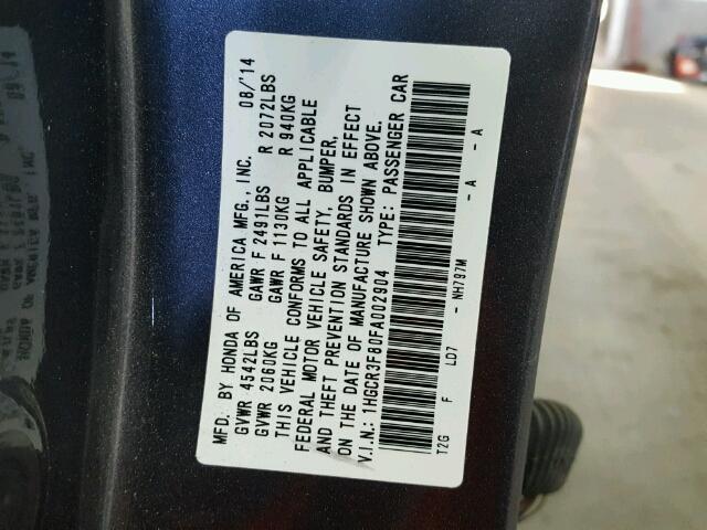 1HGCR3F80FA002904 - 2015 HONDA ACCORD EXL Boz foto 10