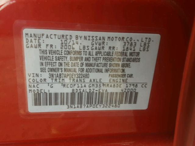 3N1AB7AP0EY322480 - 2014 NISSAN SENTRA S RED photo 10