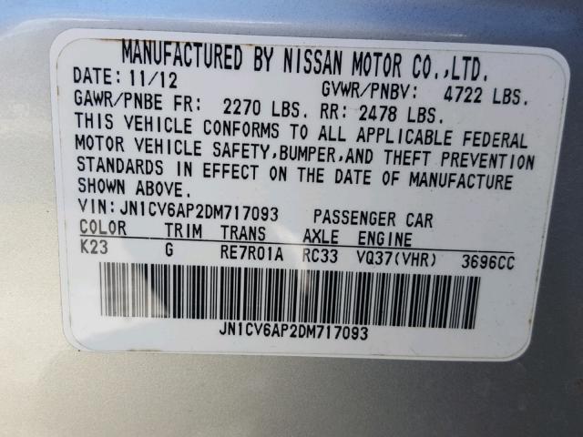 JN1CV6AP2DM717093 - 2013 INFINITI G37 BASE SILVER photo 10