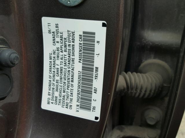 2HGFB2F50CH520512 - 2012 HONDA CIVIC LX BROWN photo 10