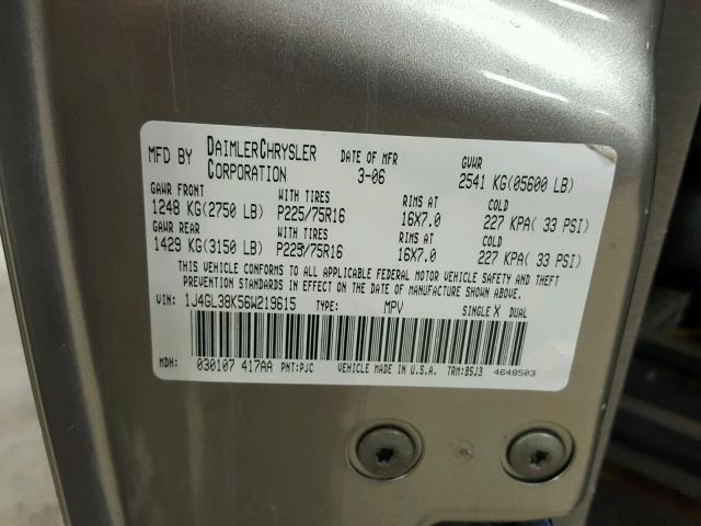 1J4GL38K56W219615 - 2006 JEEP LIBERTY RE BEIGE photo 10