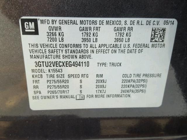 3GTU2VECXEG494110 - 2014 GMC SIERRA K15 CHARCOAL photo 10