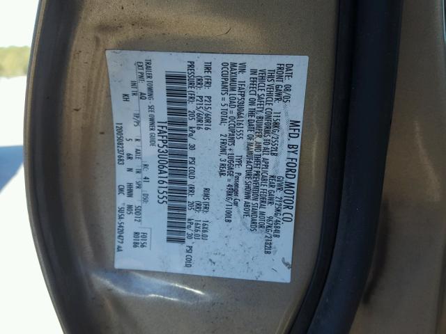 1FAFP53U06A161555 - 2006 FORD TAURUS SE GOLD photo 10