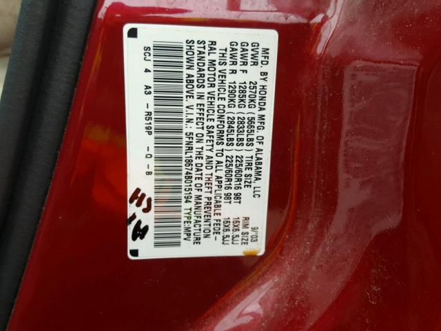 5FNRL18674B015194 - 2004 HONDA ODYSSEY EX RED photo 10